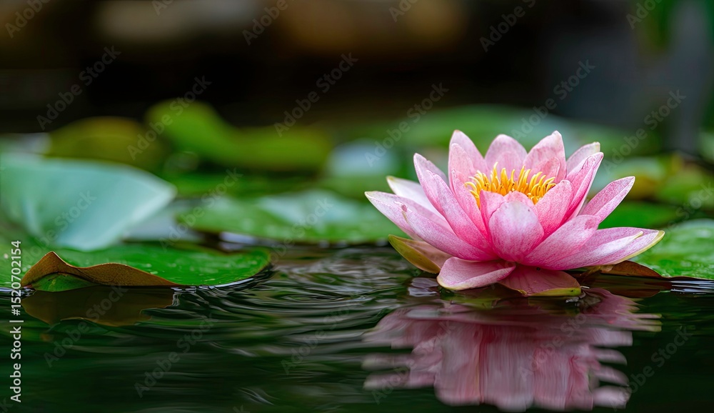 Pink Water Lily Blossom Reflecting in Pond Water with Lily Pads Pink Water Lily Blossom Reflecting in Pond Water with Lily Pads