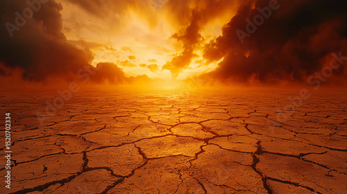 A dramatic sunset over a cracked, dry desert landscape with intense clouds and orange light.