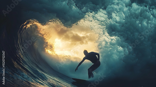Silhouette of a surfer riding a wave at sunset.