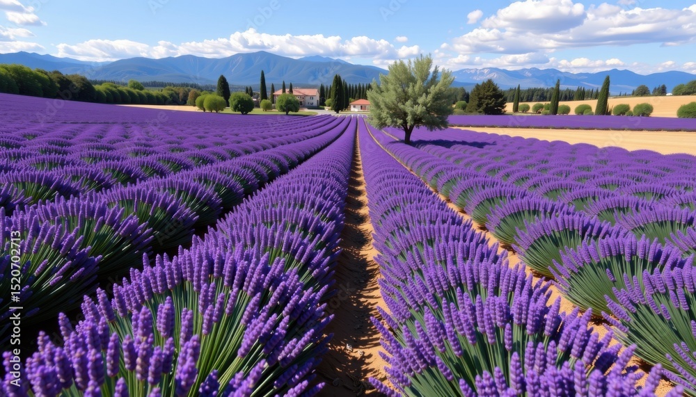 Fototapeta premium Endless rows of blooming lavender stretch toward a distant farmhouse, framed by trees, mountains, and a partly cloudy sky.