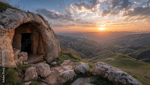 Ancient Cave Entrance Overlooking Rolling Hills at Sunset in Sicily Italy photo