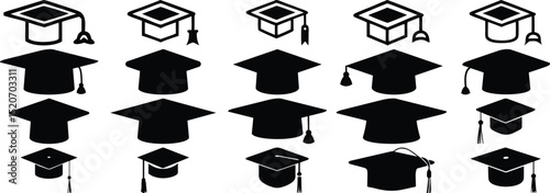 Vector Graduation Cap Icons Set – Academic Mortarboard & Tassel Collection.