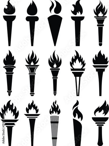 Vector Fire Torch Silhouettes Collection – Abstract Flame & Flambeau Icons.