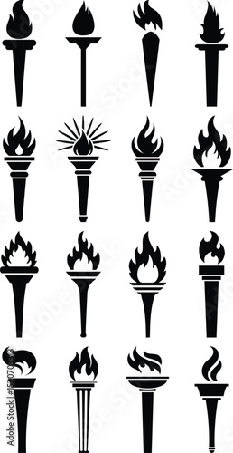 Vector Fire Torch Silhouettes Set – Flame and Flambeau Icon Collection.