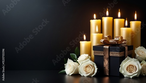 Elegant memorial arrangement with candles, roses and a black gift box on dark background