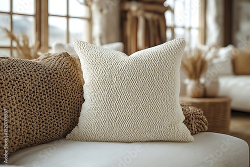 Cream pillow mockup with knitted cushion on cozy sofa interior

