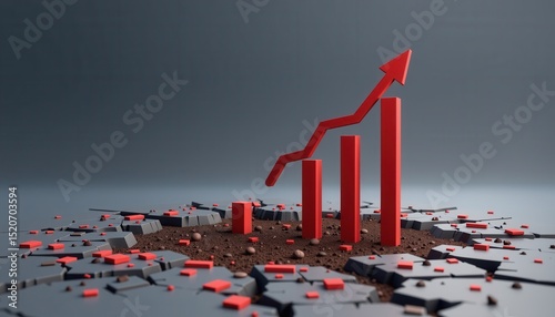 A red bar graph with an upward arrow breaks through a cracked surface, symbolizing rapid business growth and overcoming challenges.