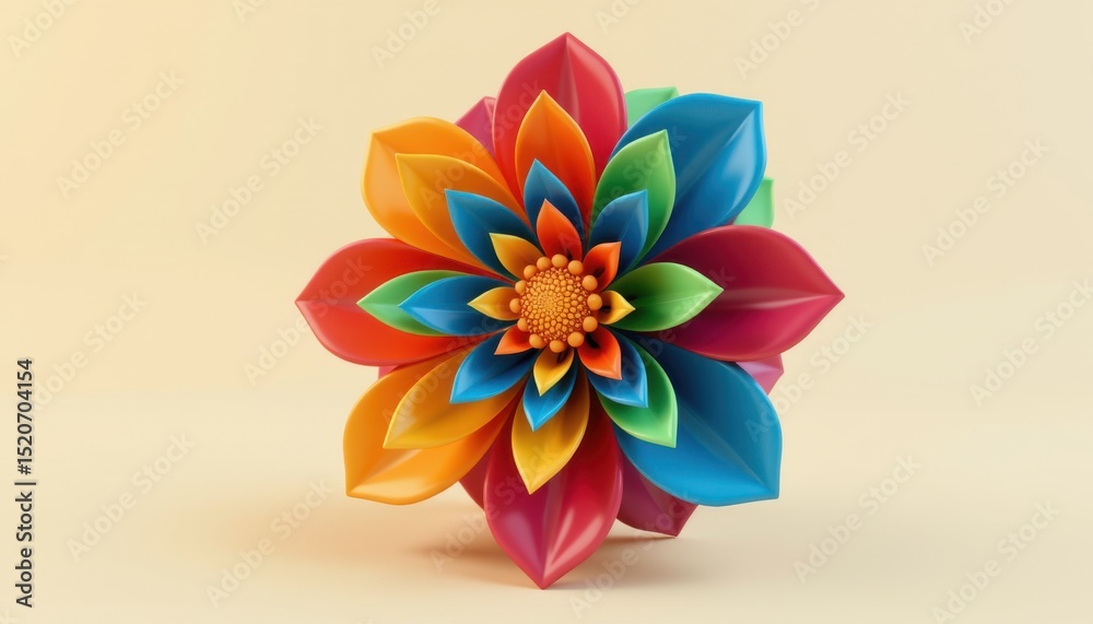 Obraz premium A vibrant, multicolored flower with layered petals, arranged symmetrically on a light beige background.