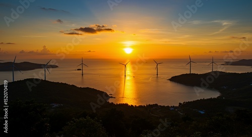 Wind Turbines in Ocean at Sunset Creating Renewable Energy