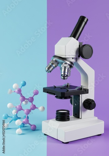 Microscope and molecular structure on colorful background