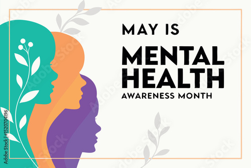 Mental health awareness month concept illustration with colorful silhouette heads