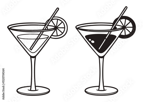 Black and white martini glasses with lemon slices and straws