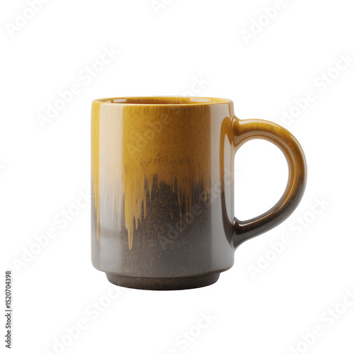 Stylish yellow and brown coffee mug isolated on transparent background