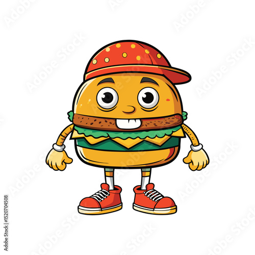 A fun burger cartoon illustration of a boy clown character with a hat, perfect for a circus or holiday drawing, isolated as a funny vector icon for a child
