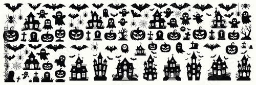 Set of Classic Black and White Halloween Motifs with Bats, Ghosts, and Pumpkins for Festive Decor