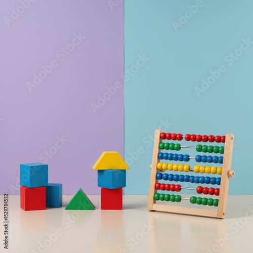 Abacus and wooden building blocks on colorful background