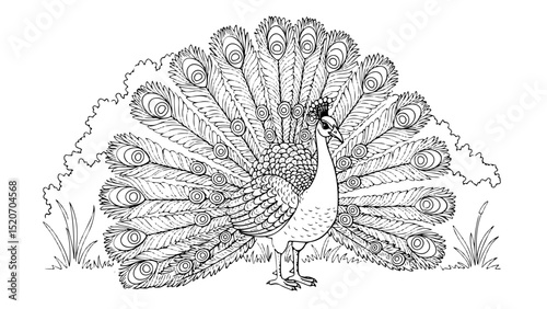 peacock cartoon outline for coloring page, vector line art black and white illustration, white background
