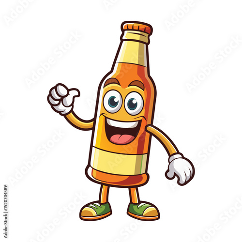 Smiling cartoon man character standing and holding a beer bottle