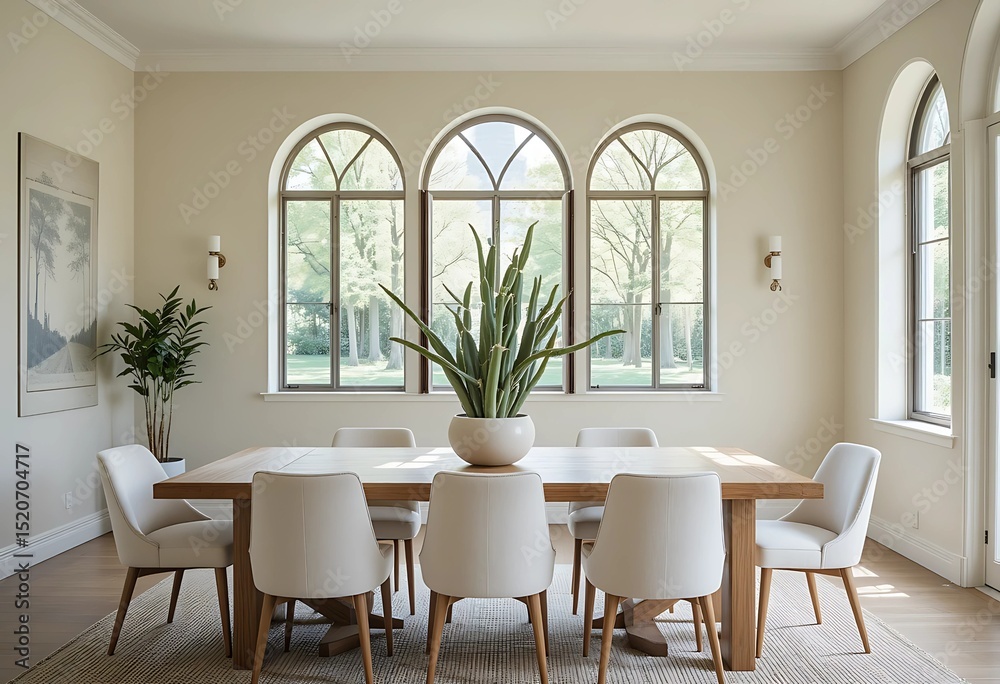 Fototapeta premium Calming dining space with a rectangular oak table, soft white chairs, tall cactus in a ceramic planter, and light flooding in through arched windows.