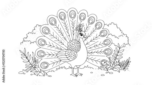 peacock cartoon outline for coloring page, vector line art black and white illustration, white background
