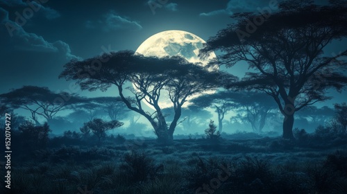 Serene Night Landscape with Full Moon and Silhouetted Trees