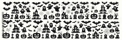Assortment of Spooky Halloween Silhouettes Featuring Haunted Houses and Jack-O-Lanterns