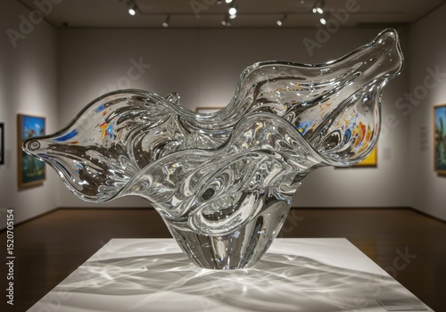 Clear glass art sculpture on display at art gallery