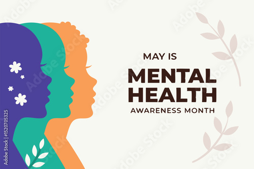 Mental health awareness month graphic featuring silhouettes and floral elements