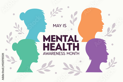 Mental health awareness month illustration featuring women silhouettes and floral elements