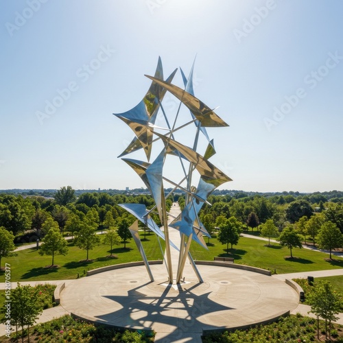 Modern abstract metal sculpture in a green park on a sunny day