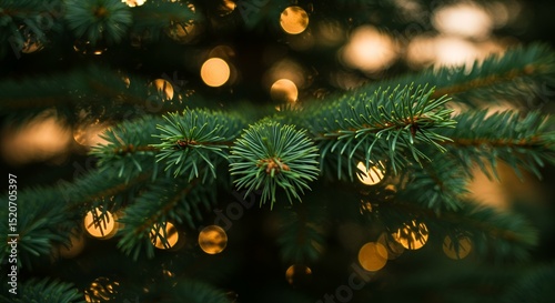 Evergreen Branch with Bokeh Lights Festive Holiday Scene