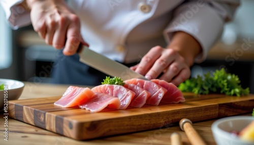 A chef slices fresh raw fish on a wooden cutting board, preparing sashimi in a professional kitchen setting.
