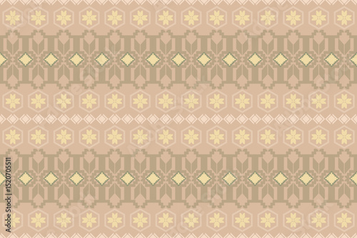 The fabric pattern is a geometric pattern. The main colors used are warm tones, making the overall look warm and classic. It can be used in fashion clothing, curtains, and carpets.