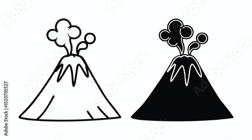 Twin volcanic eruptions, black and white illustration of smoke and lava flow