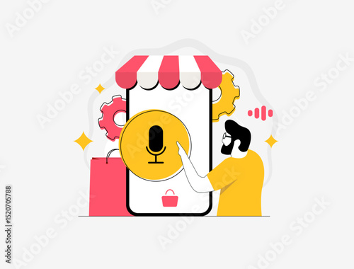 Voice commerce integration enables seamless e-commerce purchases via voice-activated devices. Enhancing AI shopping experience and changing how consumers interact with retail. Vector illustration