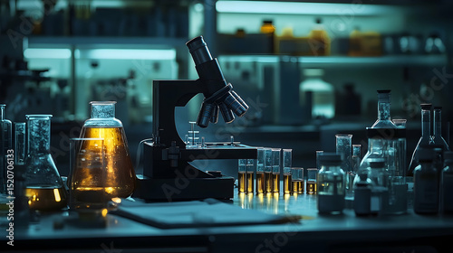 Laboratory workbench filled with scientific glassware and equipment.