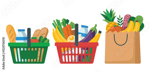 Grocery Shopping Bags and Baskets with Fresh Produce and Dairy