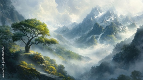 Misty Mountain Valley with Lone Tree