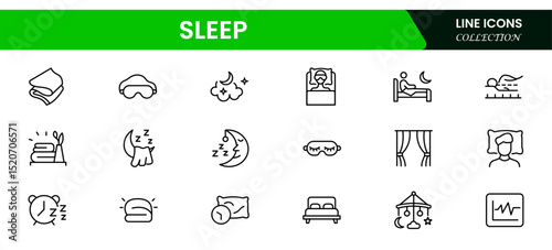 Vector illustration web line icon collection featuring sleep-related symbols like a bed, pillow, moon, stars, alarm clock, sleep mask, and Zzz icons.
