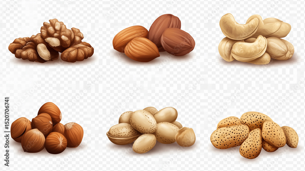 Mixed nuts pile on white background showing various healthy snack ingredients Mixed nuts pile on white background showing various healthy snack ingredients