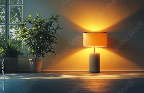 Minimalist lamp mockup with leafy plant by sunlit window

