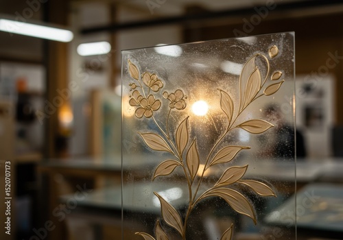Etched floral design on a glass pane in a workshop