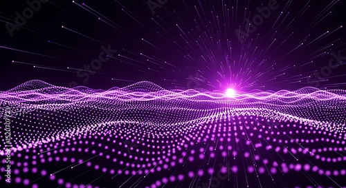 Abstract Purple Digital Landscape with Glowing Particles and Light Rays