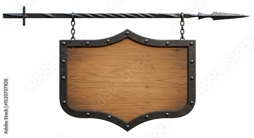 Blank wooden shield sign with metal frame on white background
