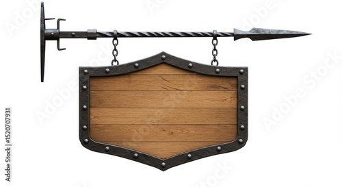 Medieval wooden sign with spear on white background