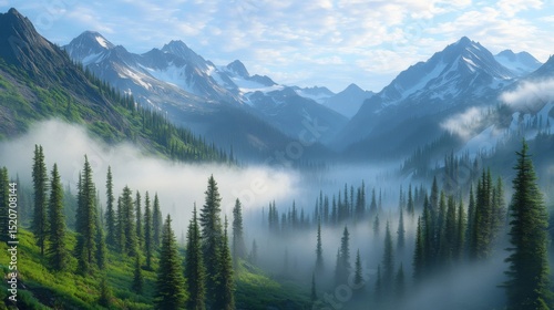 Misty Mountain Forest Landscape at Sunrise