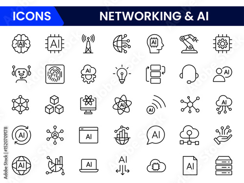 Vector illustration web line icons showcasing networking and AI concepts: connected nodes, neural networks, data exchange, artificial intelligence, machine learning, and digital communication.
