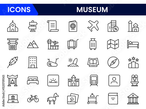 Vector line icons and stock image showcasing museum elements: exhibits, artifacts, galleries, history, culture, visitors, architecture, and educational displays in a refined setting.
