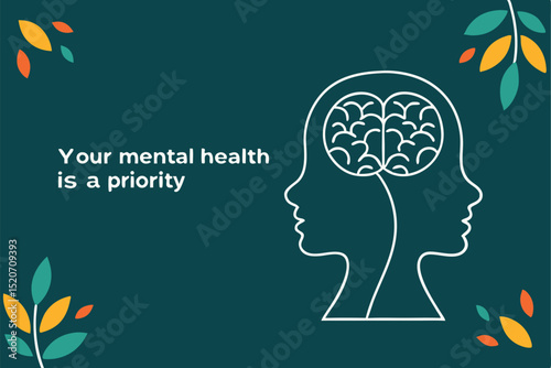 Prioritizing mental health illustration with brain concept and leaves decoration