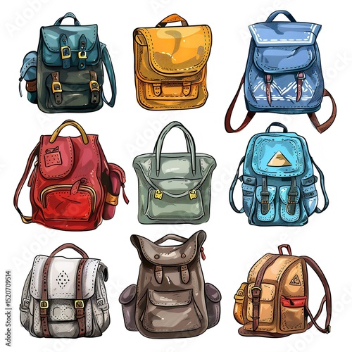 Variety of colorful backpacks and bags for school travel and everyday use illustration design art 100